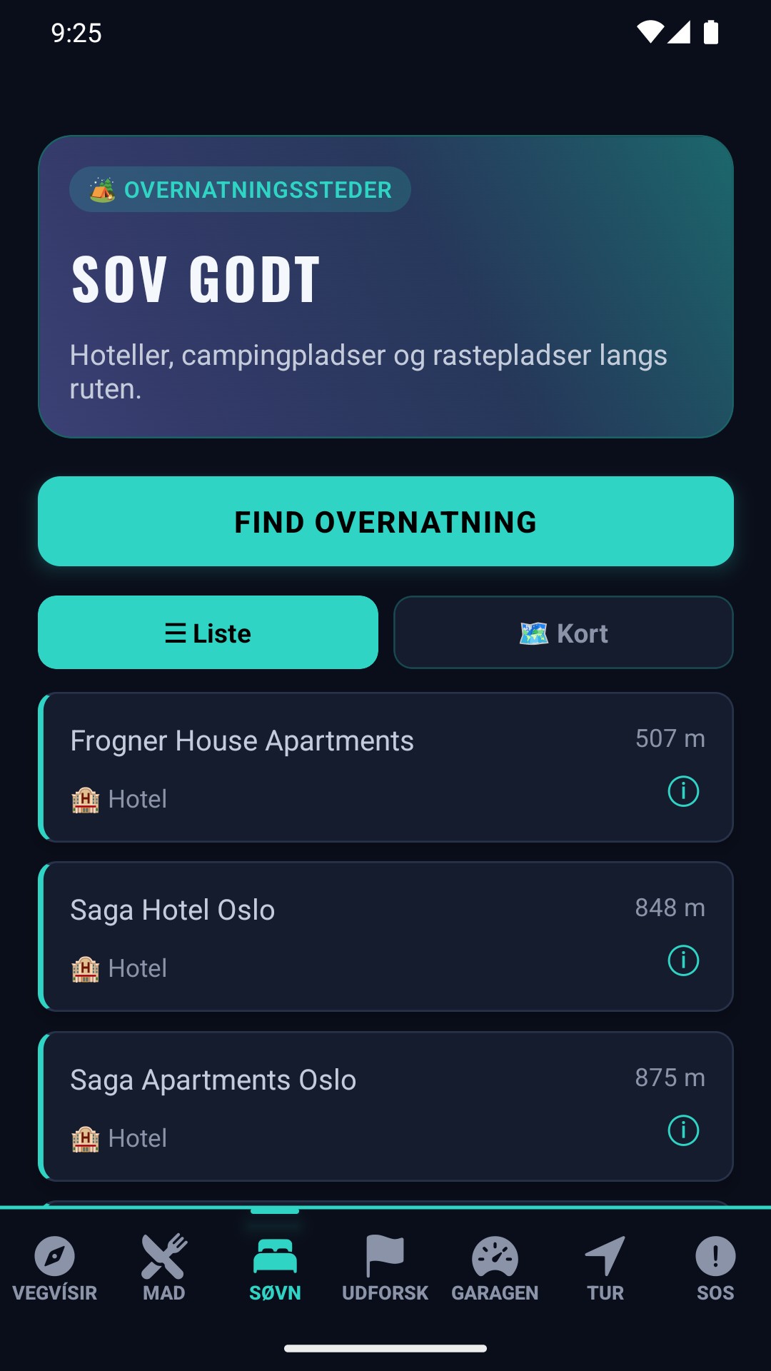Overnatningsskærm — hoteller, campingpladser og rastepladser i nærheden